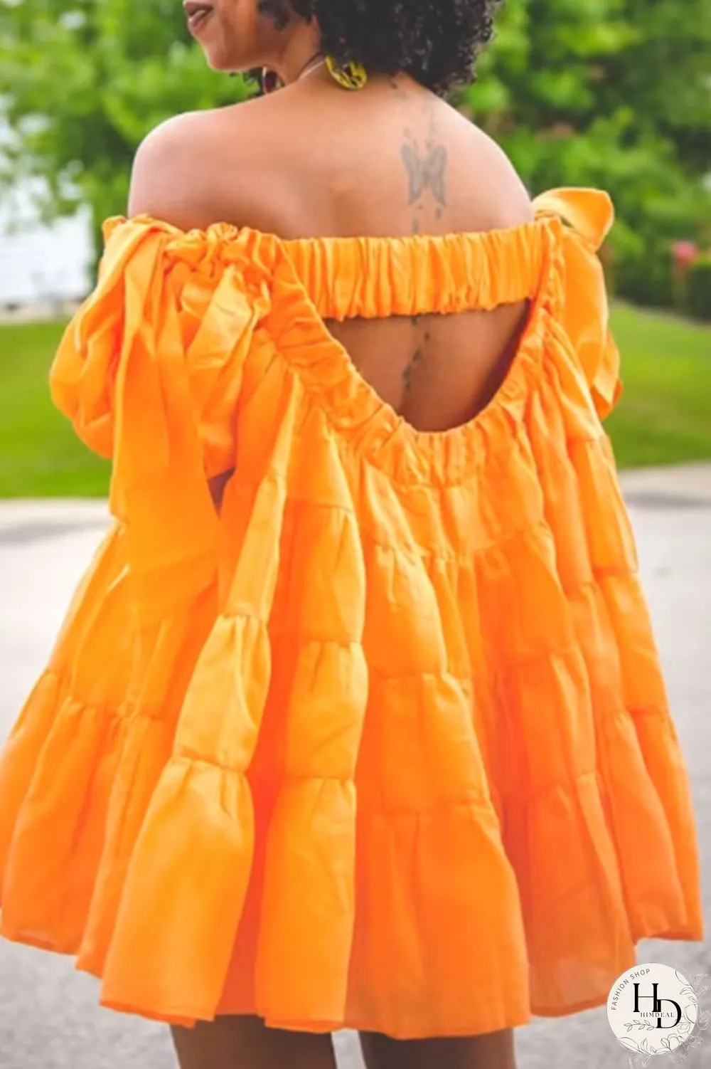 Orange Sexy Casual Solid Patchwork Backless Off the Shoulder Short Sleeve Dress