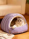 Warm Enclosed Cat Bed Corduroy Plush Cats Tent Calming Pet Nest Cave for Cats Dogs