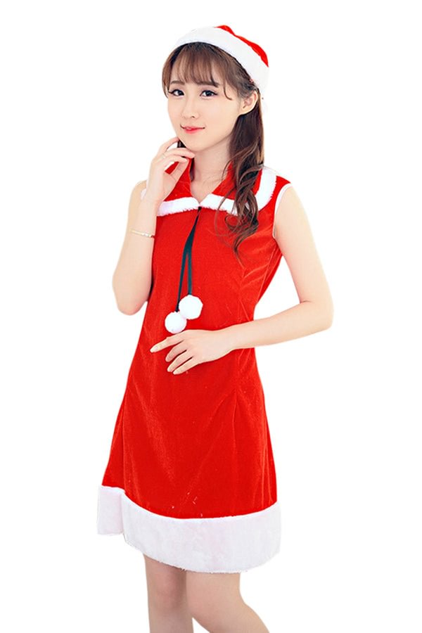 Womens Cute Fur Ball Sleeveless Christmas Santa Costume Red-elleschic