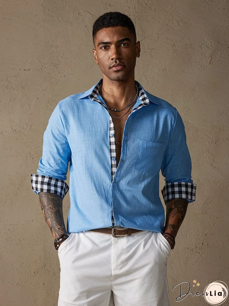 Coofandy Linen Style Long Sleeves Plaid Collar Shirt