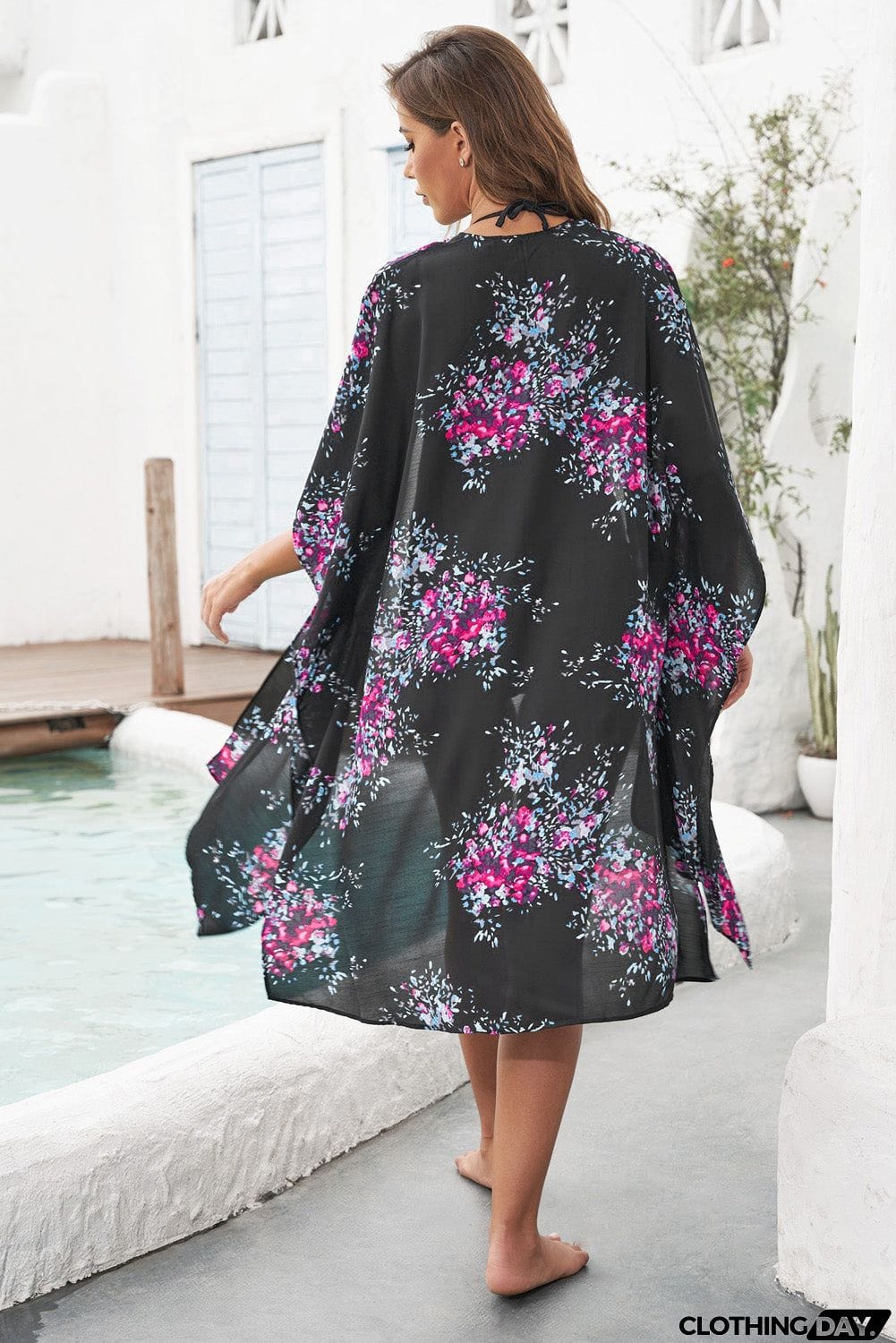 Floral Kimono Sleeves Chiffon Loose Beach Cover Up