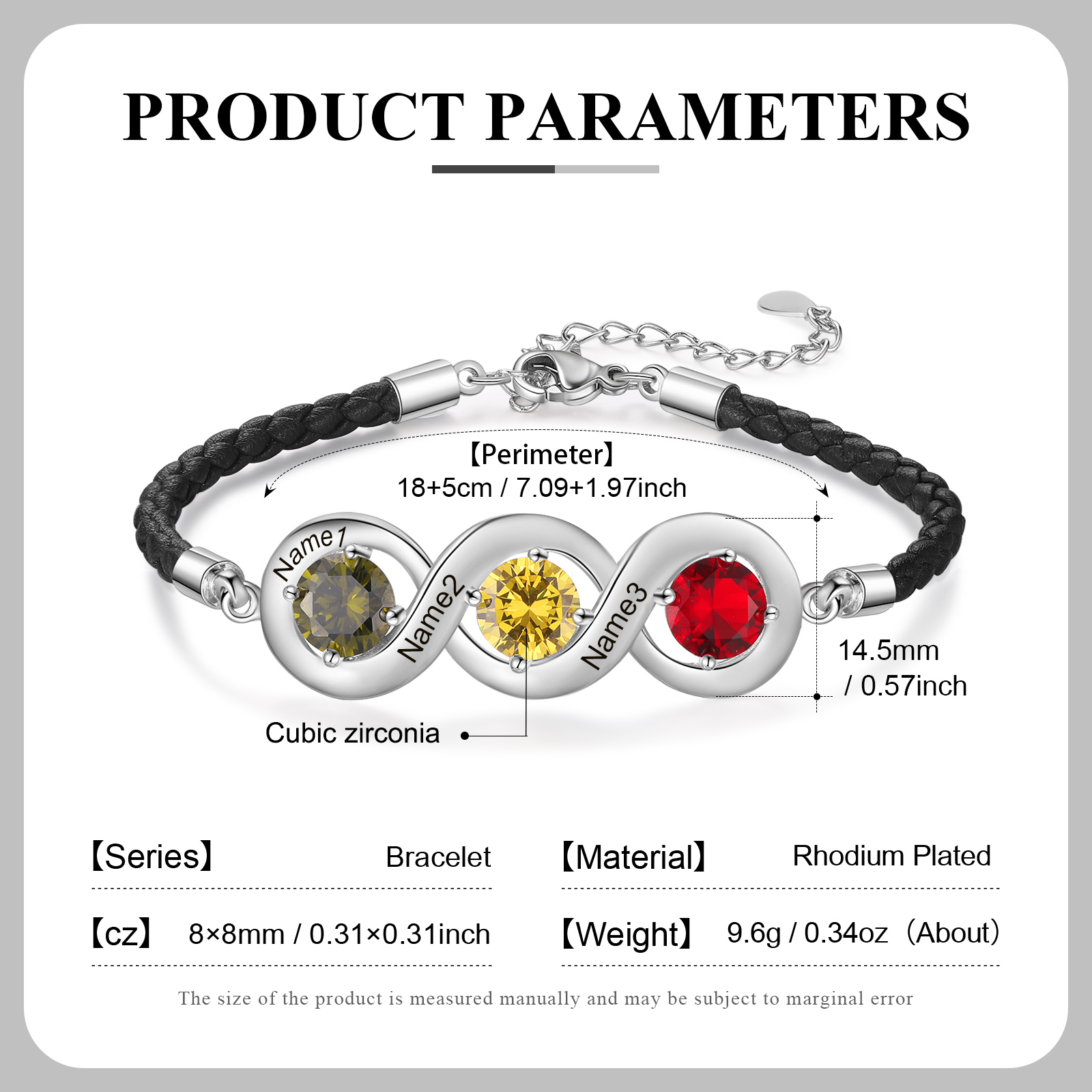 Braccialetto infinito personalizzato con 3 nomi e 3 pietre di nascita regalo per donna