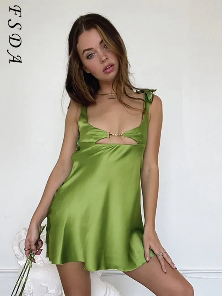 FSDA Sleeveless Satin Mini Dress Women Sexy Hollow Out 2022 Summer Green Y2K Brown Bandage Party Dresses Elegant
