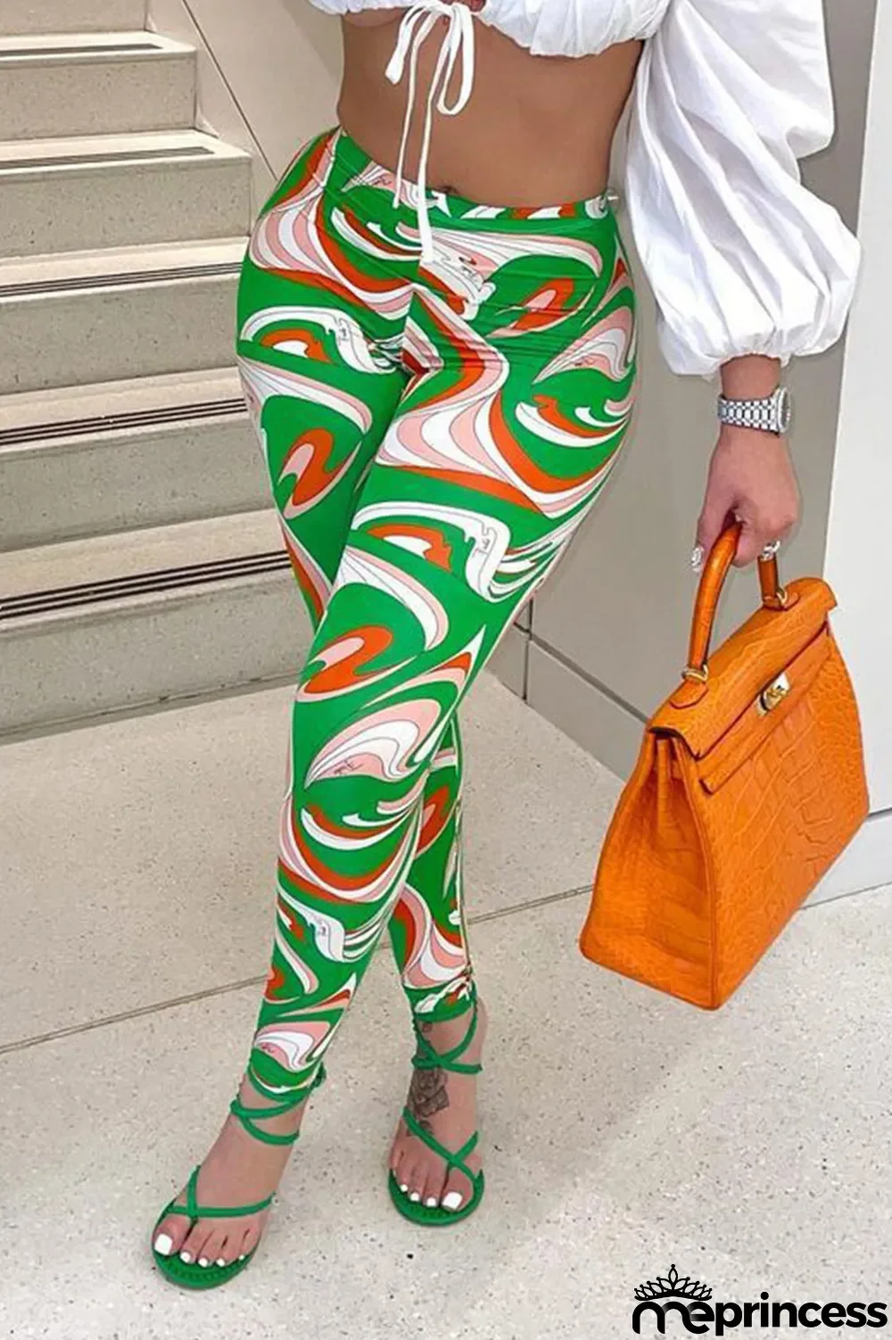 Green Fashion Street Print Mid Waist Pencil Bottoms