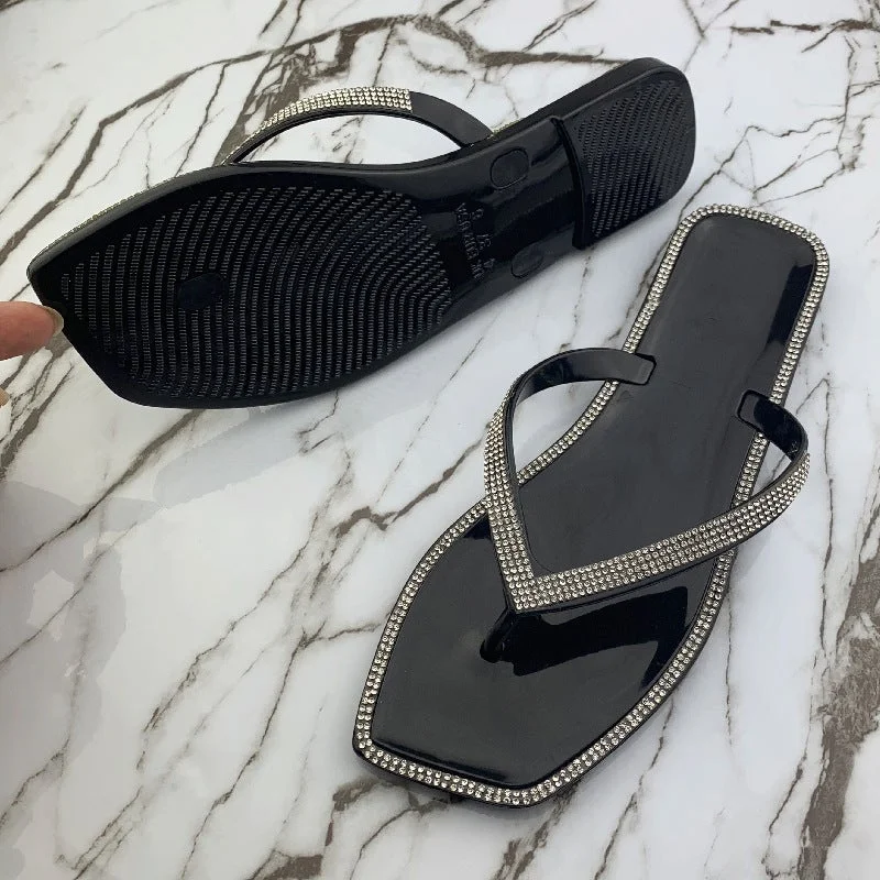 Women's Summer Slippers Rhinestone Shiny Flat Slippers