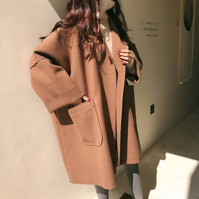 Women's Autumn Winter Long Faux Wool Coat Outerwear 2021 Ladies Korean Cashmere Female Loose Overcoat Clothes Windbreaker Jacket