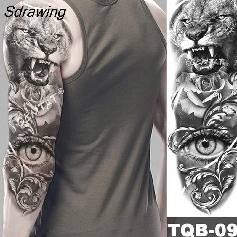 Sdrawing Arm Sleeve Tattoo Japanese Wave Waterproof Temporary Tattoo Sticker Lily Peacock Men Full Tiger Fox Tatoo Body Art Women