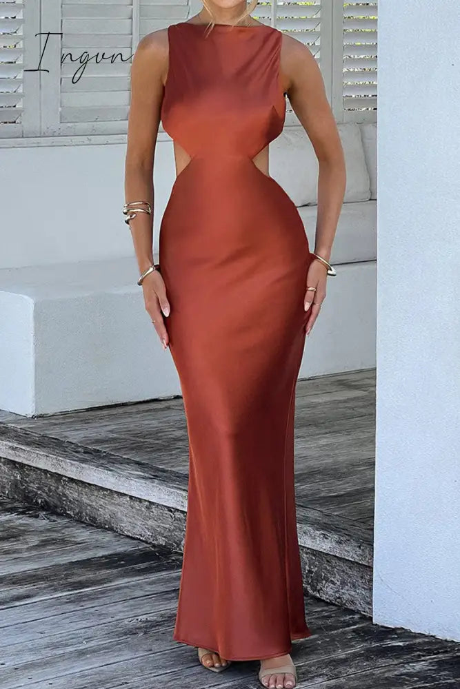 Ingvn - Sexy Celebrities Solid Backless O Neck Wrapped Skirt Dresses Brownness / S Dresses/Casual