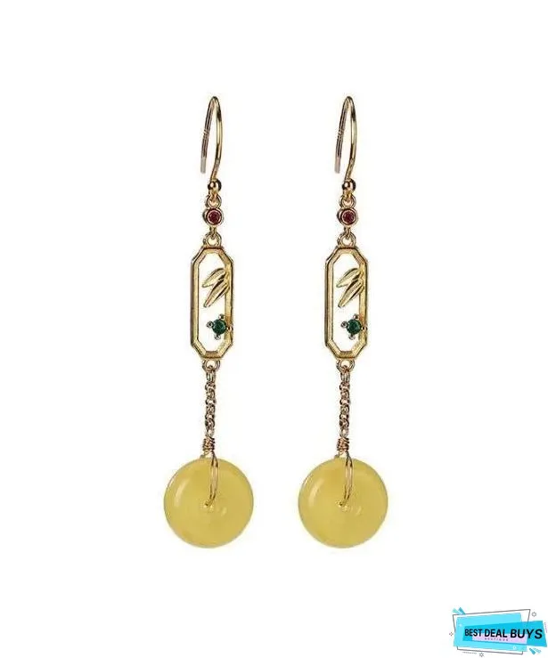 Vintage Yellow Sterling Silver Beeswax Amber Ping Buckle Drop Earrings