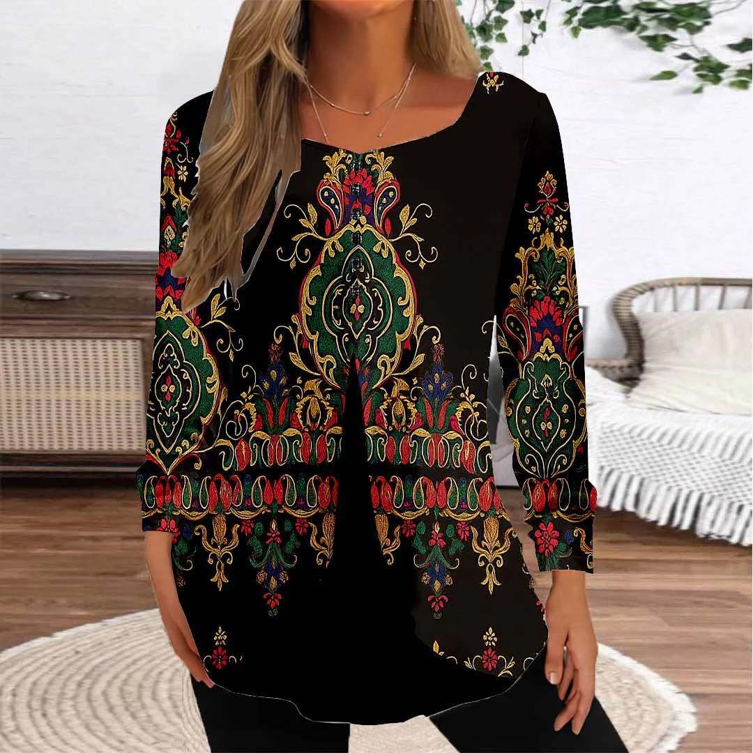 Women Graphic,Black DZGG8175 Long Sleeve Scoop Neck Printed Graphic Button Fake 2in1 Tops