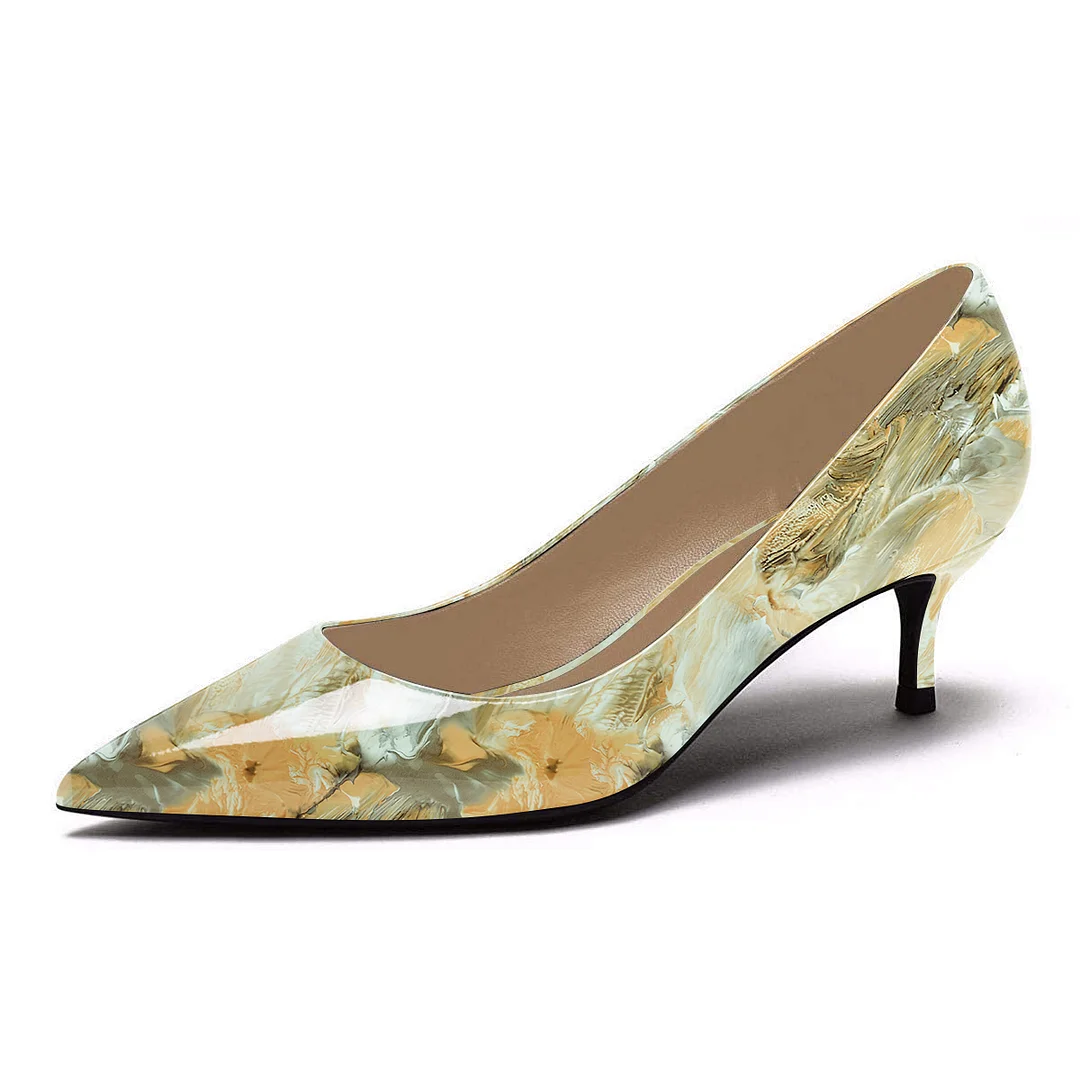 Yellow & Green Patent Leather Pointed Printed Pumps with Kitten Heel