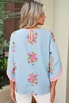 Women's Elegant Blue Floral Print Button Cuffed 3/4 Sleeve Round Neck Blouse