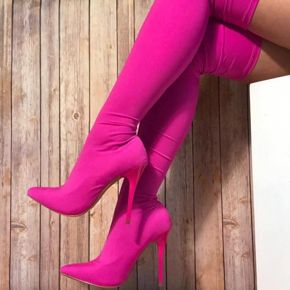 Hot Pink Lycra Tight Thigh High Heel Boots For Women Fsjshoes