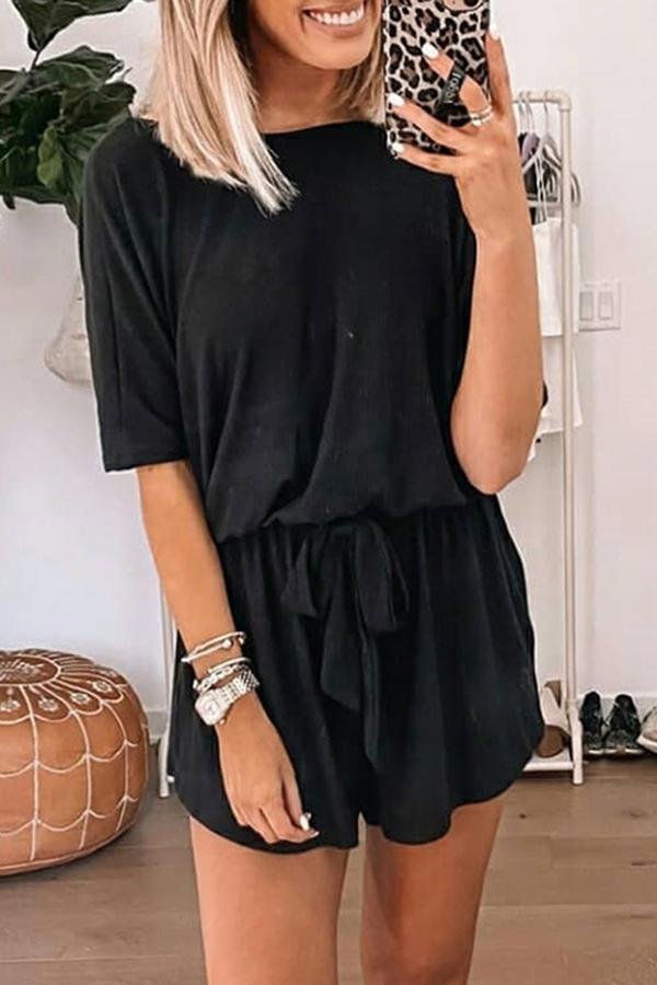 Womens Pure Black Loose Romper-Allyzone-Allyzone