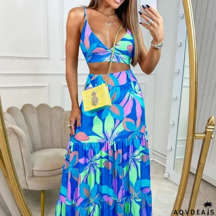 Women's Summer Print V-Neck Sling Chic Long Dress Two Piece Set