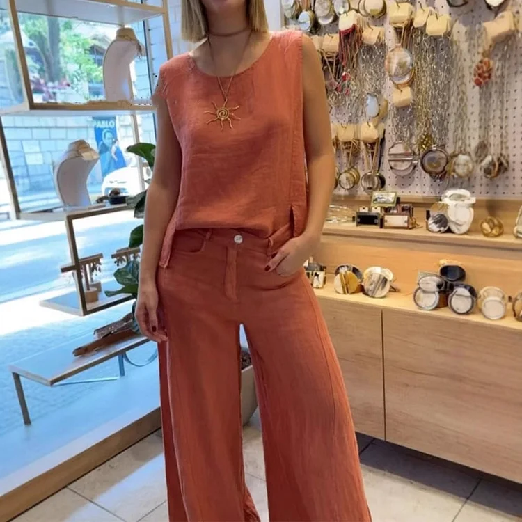 Women's Casual Round Neck Vest Trousers Cotton and Linen 2-Piece Set 
