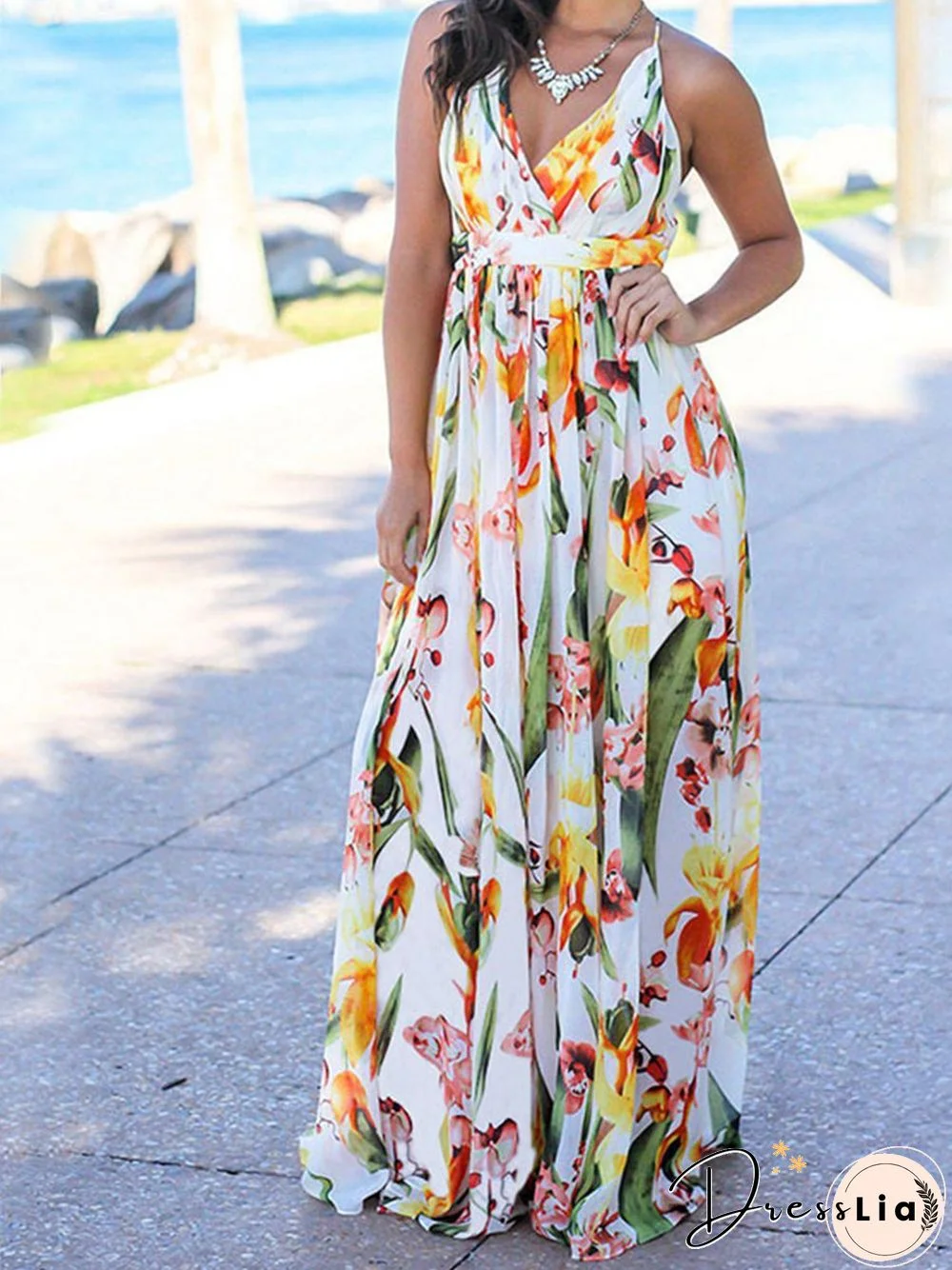 Beach Sling Leak Back Flower Print Maxi Dress P10165