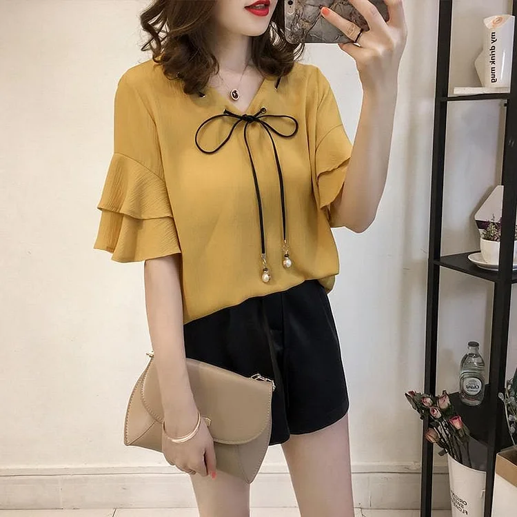 White/Yellow Falbala Sleeve Chiffon Shirt SP1710311