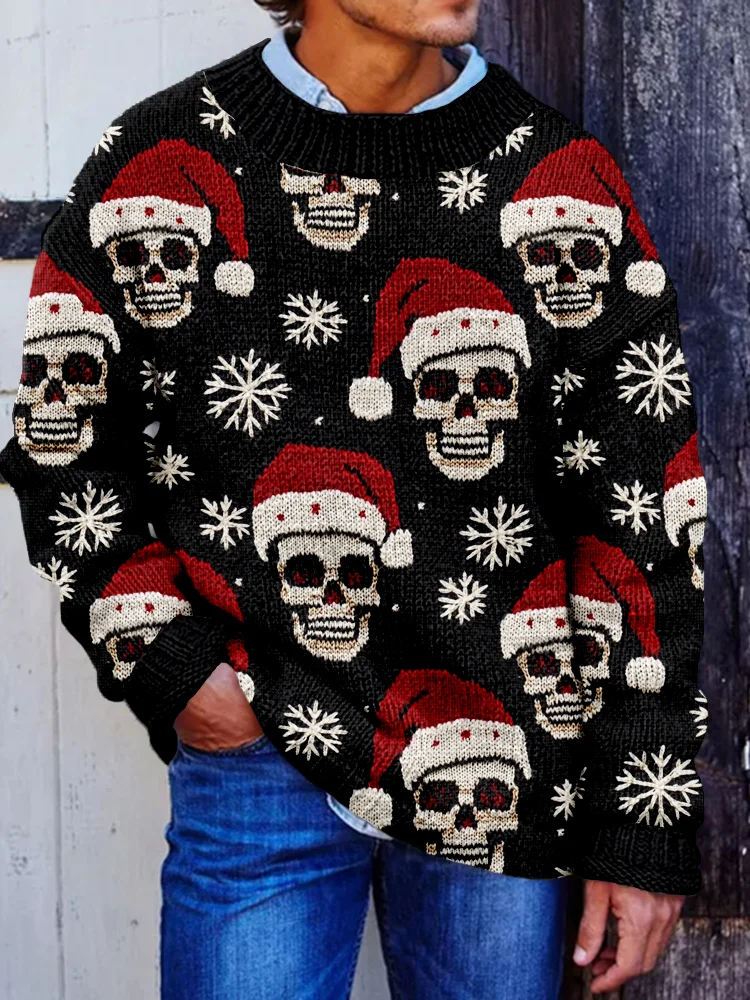 Men's Christmas Retro Skull Santa Embroidery Cozy Sweater