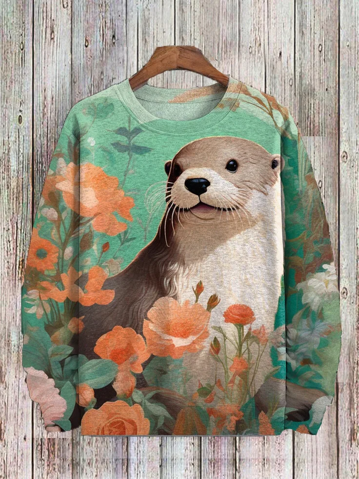 Men's Cute Otter And Flower Art Print Casual Sweatshirt