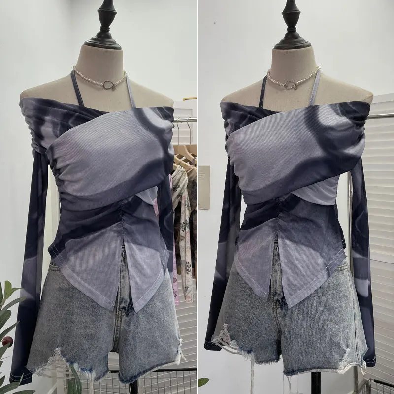 Uveng Real Shooting Sweet Cool Wind Shoulder Hanging Neck With Printed Long-Sleeved T-Shirt Under The Hem Open Fork To Collect Short Coat 9932