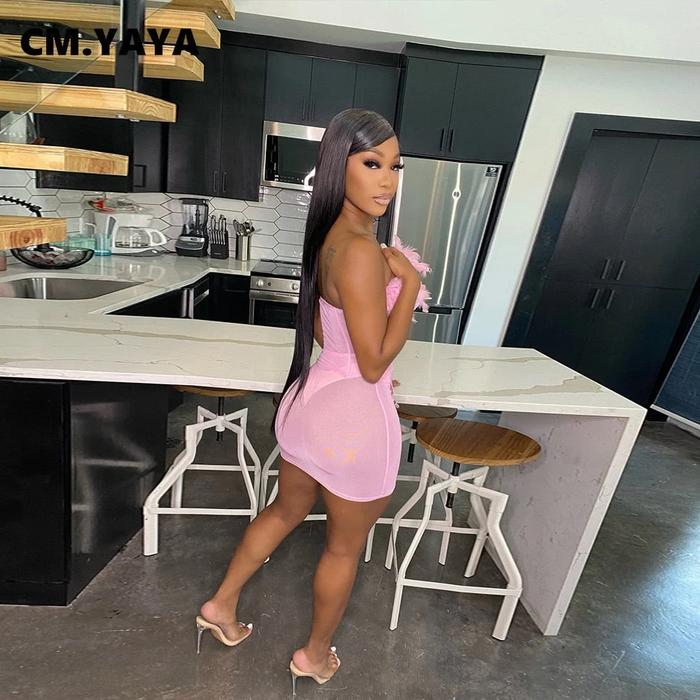 CM.YAYA Women Mesh See Though Mini Midi Skirts Suit and Croset Feather Strapless Shirt Tops Beach Sexy Matching Two 2 Piece Set