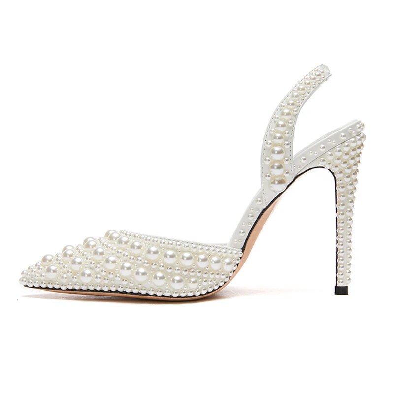 White Pearl Gladiator Sandals Woman Pointed Toe Slingback High Heels Pumps Lady Wedding Shoes