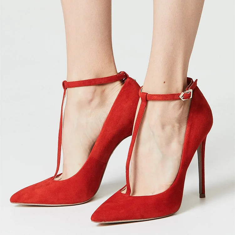 Red Vegan Suede T Strap Heels Pointed Toe Stiletto Heel Pumps |FSJ Shoes