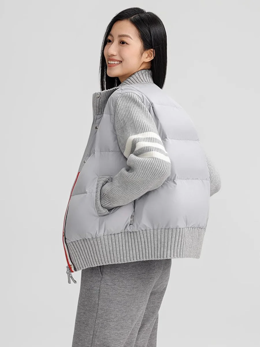 Toloer Knitting Splicing Light Down Jacket Female 2024 Winter Fashion Contrast Color Stripe Vertical Collar Casual White Duck Down Coat-Outfit Ideas