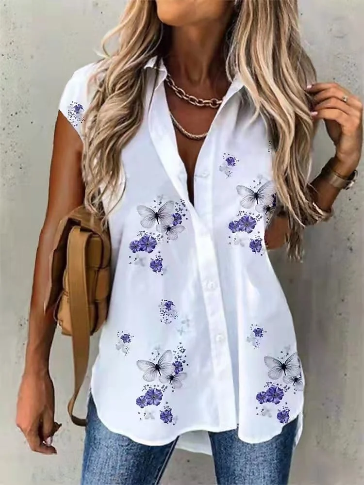 Butterfly Printed Lapel Buttons Short Sleeve Blouse