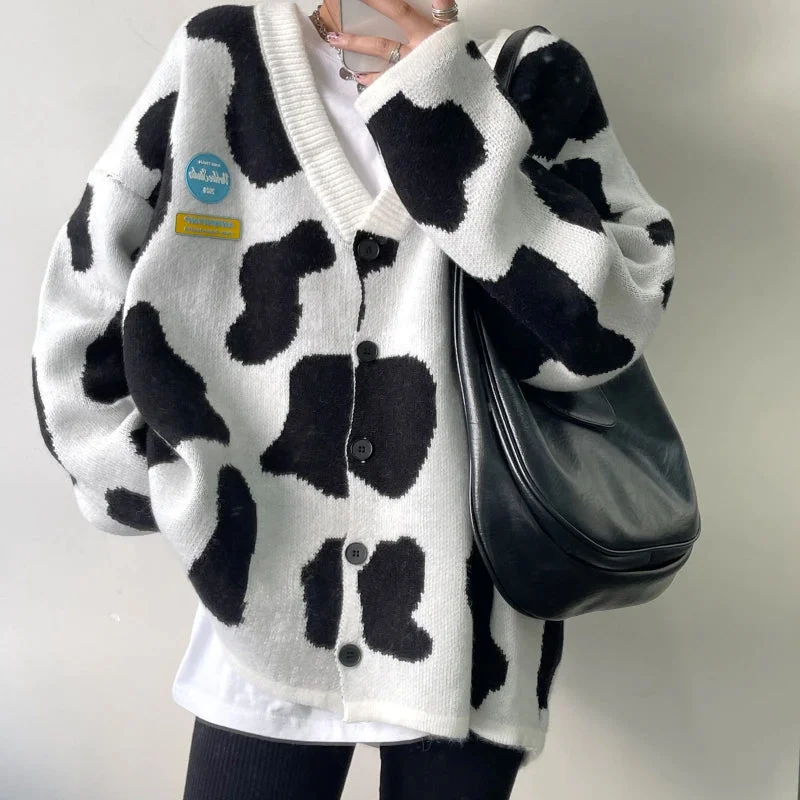 Abebey-Graduation gift, dressing for the Coachella Valley Music Festival,Cute Colors Cow Pattern Loose Cardigan Sweater