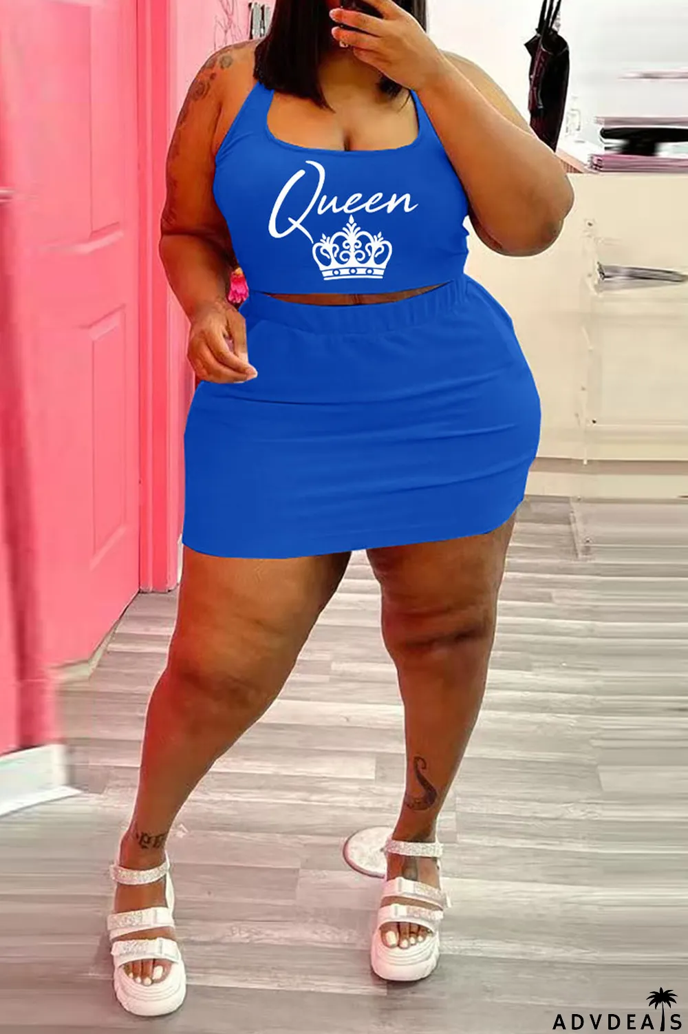 Blue Casual Print Split Joint U Neck Sleeveless Two Pieces