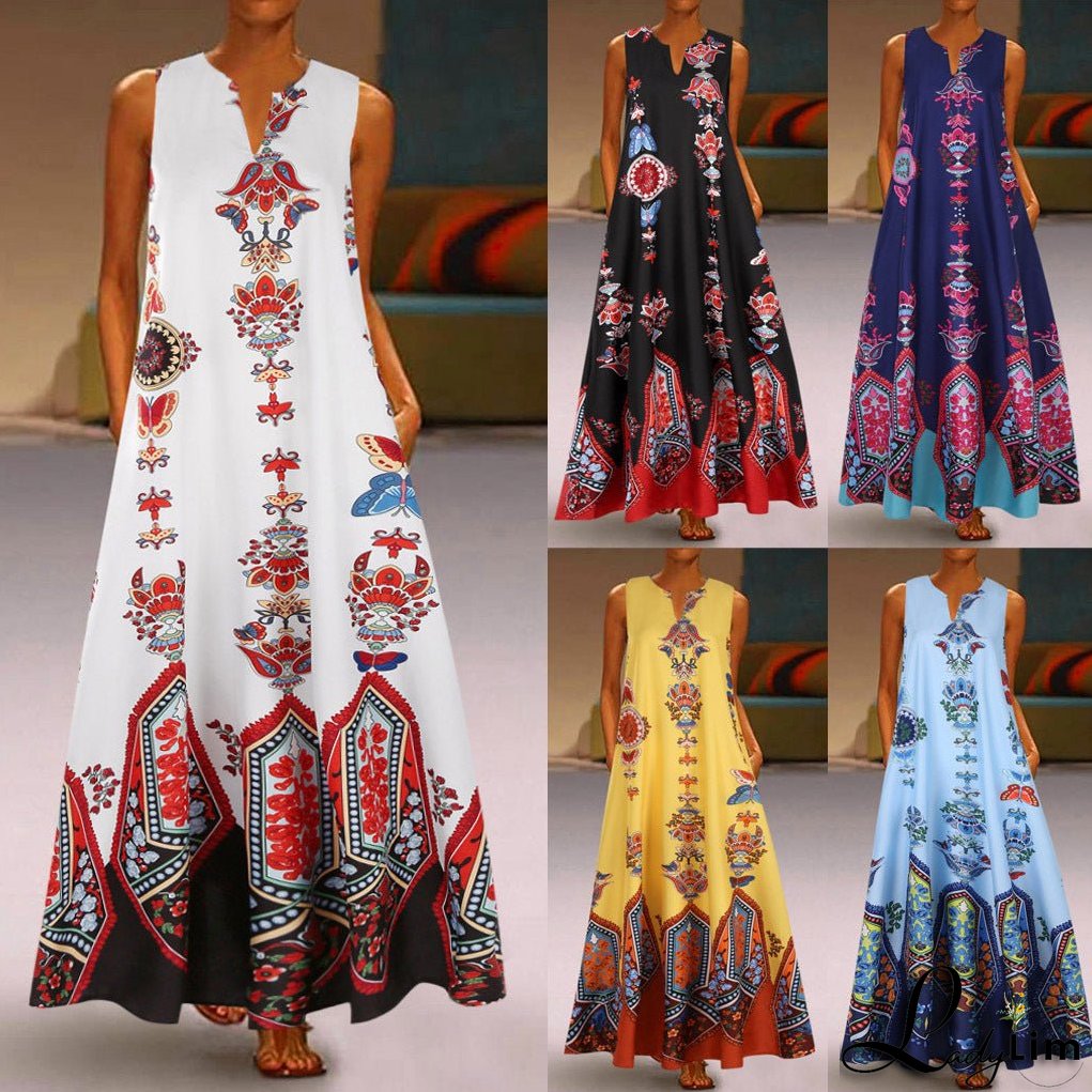 Vintage print dress V-neck sleeveless