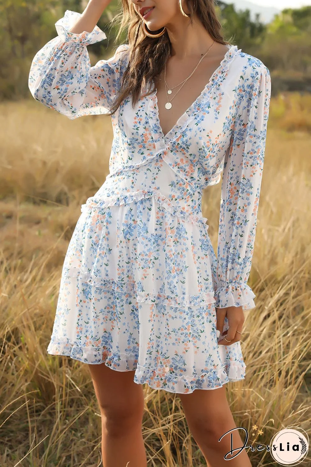 Ditsy Floral Prints Ruffle Edge Tiered Long Sleeve Boho Dress