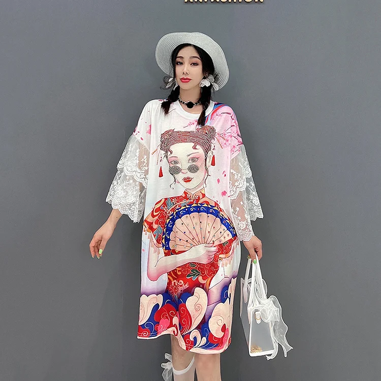 Chic Loose O-Neck Character Printed Lace Splicing Three Quarter Sleeve Dress      