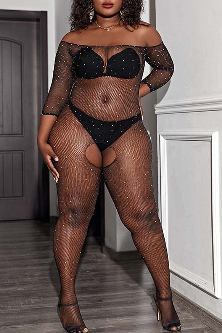 Plus Size Valentines See-Through Mesh Hollow Out Floral Lace Onesie Lingerie