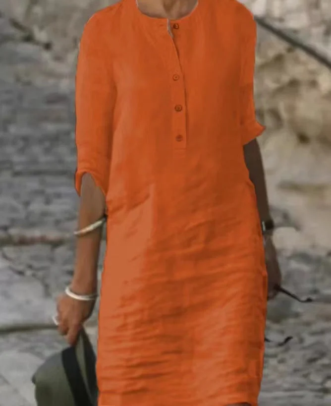 Uveng Spring Cotton And Linen Long-sleeved Dress Dresses