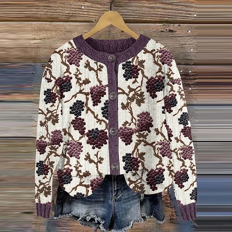 Utbros Vintage Farm Grape Pattern Button Sweater Cardigan