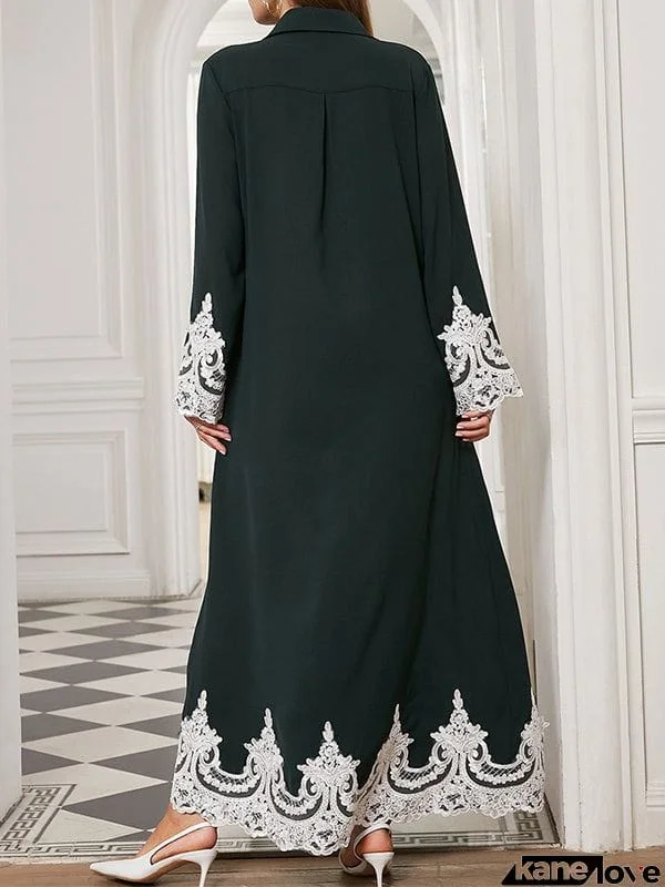 Long Sleeves Loose Buttoned Embroidered Lapel Maxi Dresses