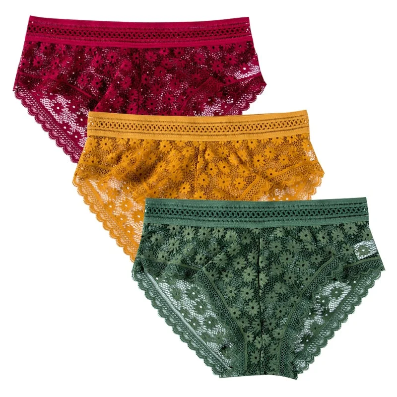 3pcs Sexy Lace Panties For Women Underwear Fashion Lingerie Breathable Hollow Out Underpants Female Low-Rise Daisy Briefs