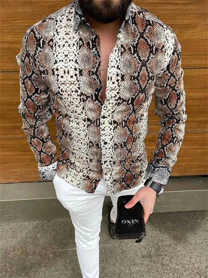 Men's Shirt Snakeskin Flip Long Sleeve Street Casual 3D Button Up Fashion Casual Beach Mens Shirt