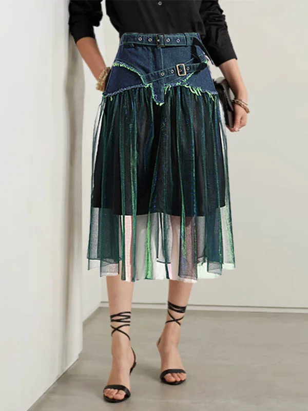Shiny Belted High Waisted A-Line Skirts Bottoms