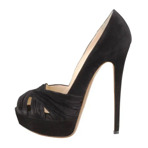 Black Stiletto Heels Women's Peep Toe Cross Strap Platform Pumps |FSJ Shoes