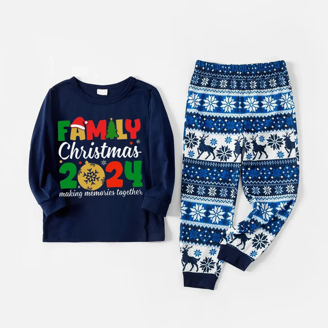 Cute Family Christmas 2024 Text Print Blue Family Christmas Matching Pajamas