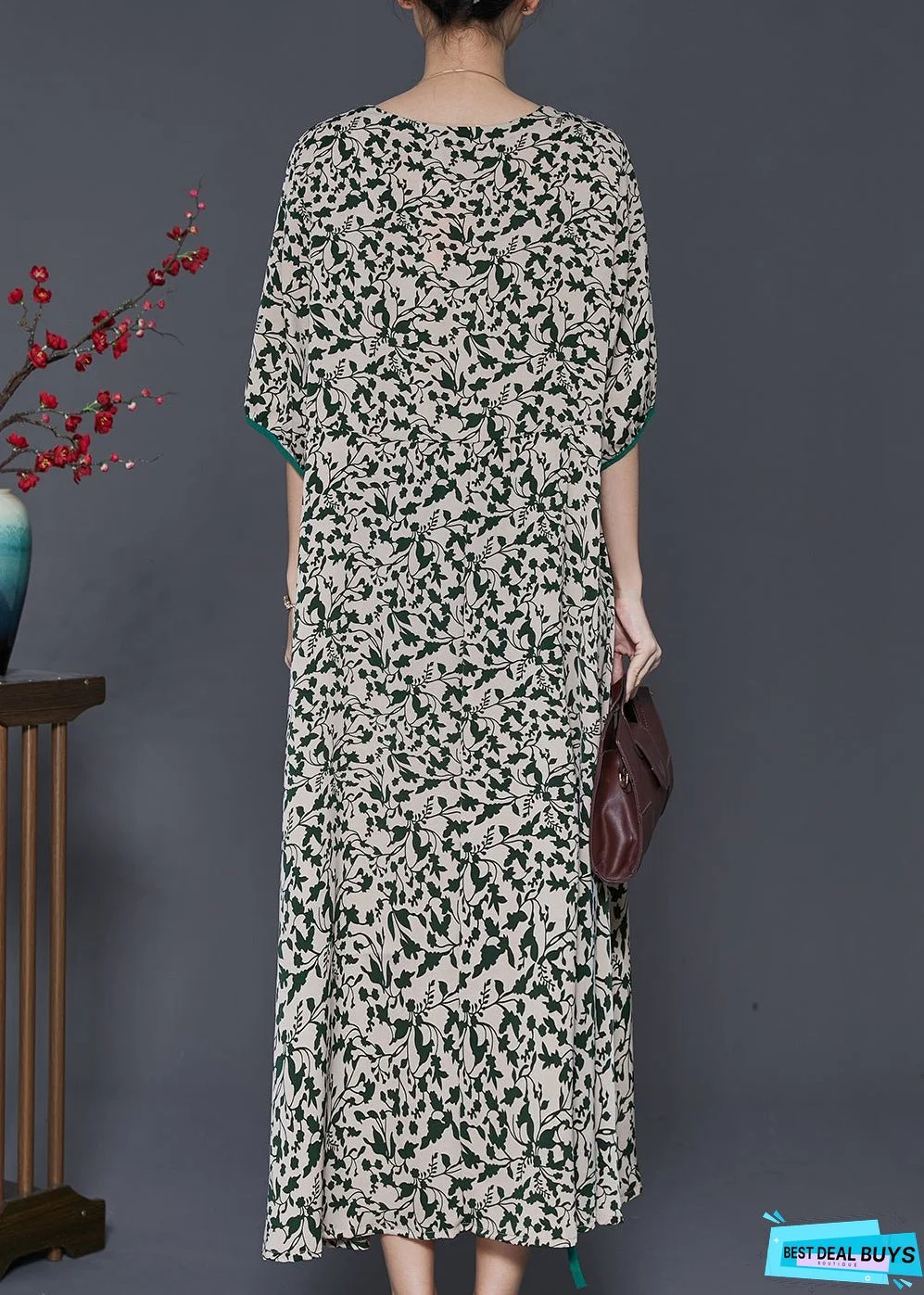 Unique Green Cinched Print Chiffon Long Dresses Summer