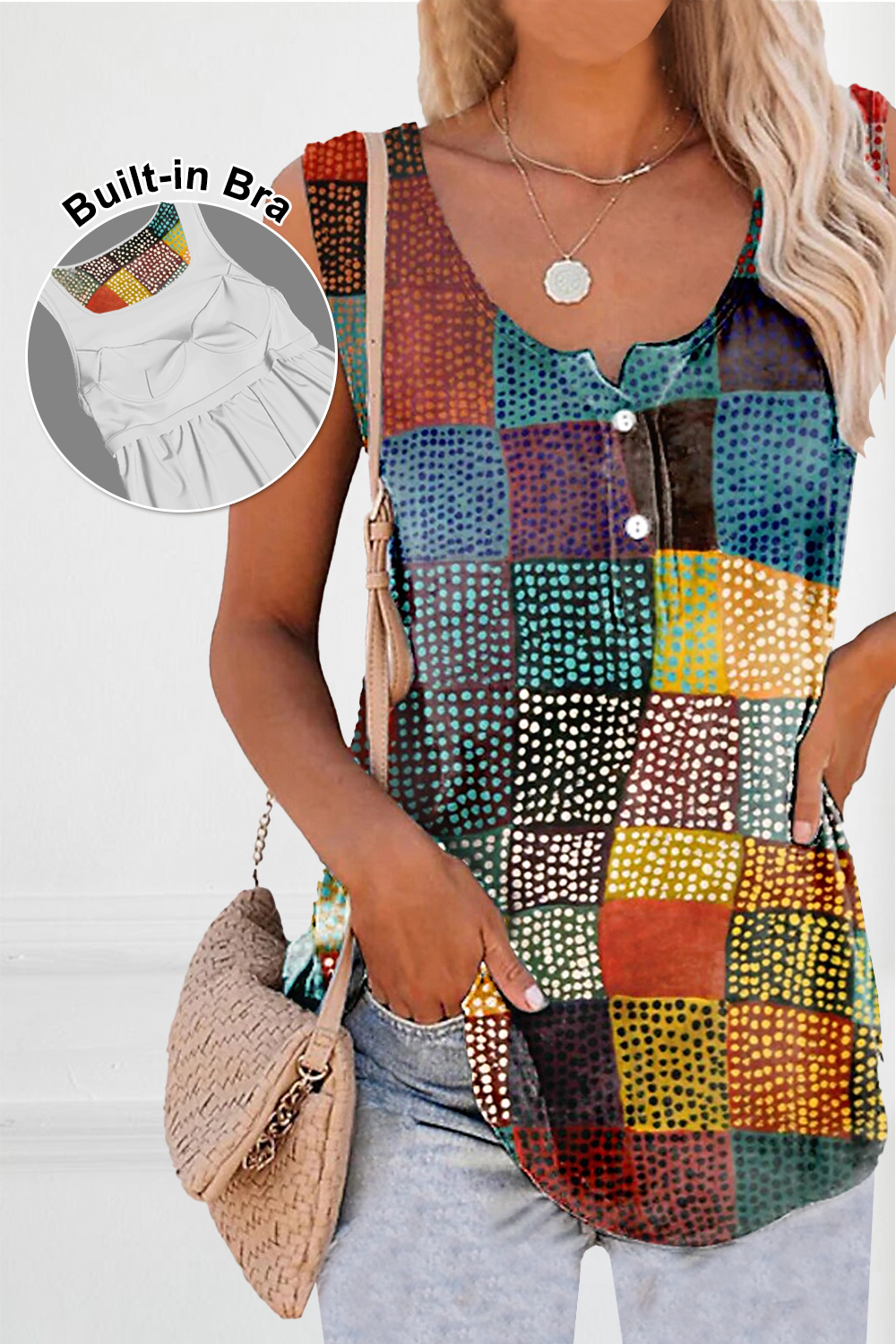 Flycurvy Plus Size Casual Multicolor Fold Colorblock Artistic Graffiti Print Tank Top With Built In Bra 2024 - Flycurvy 