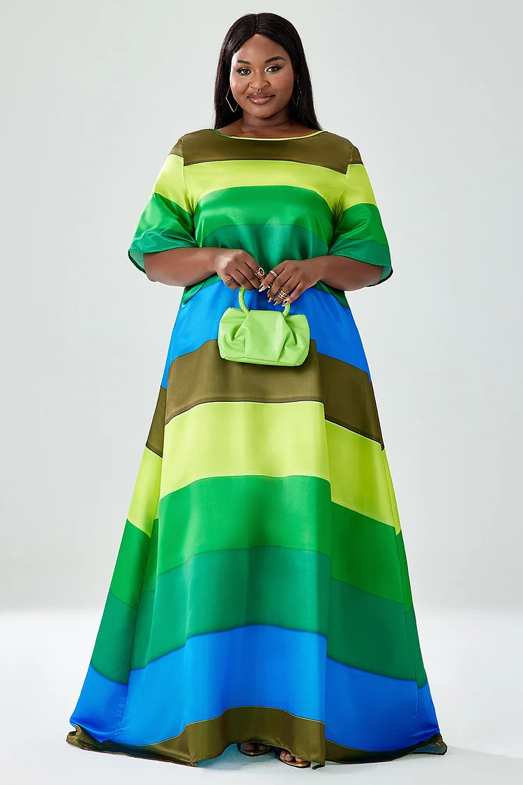 Xpluswear Design Plus Size Formal Dress Rainbow Print Short Sleeve Satin Maxi Dress