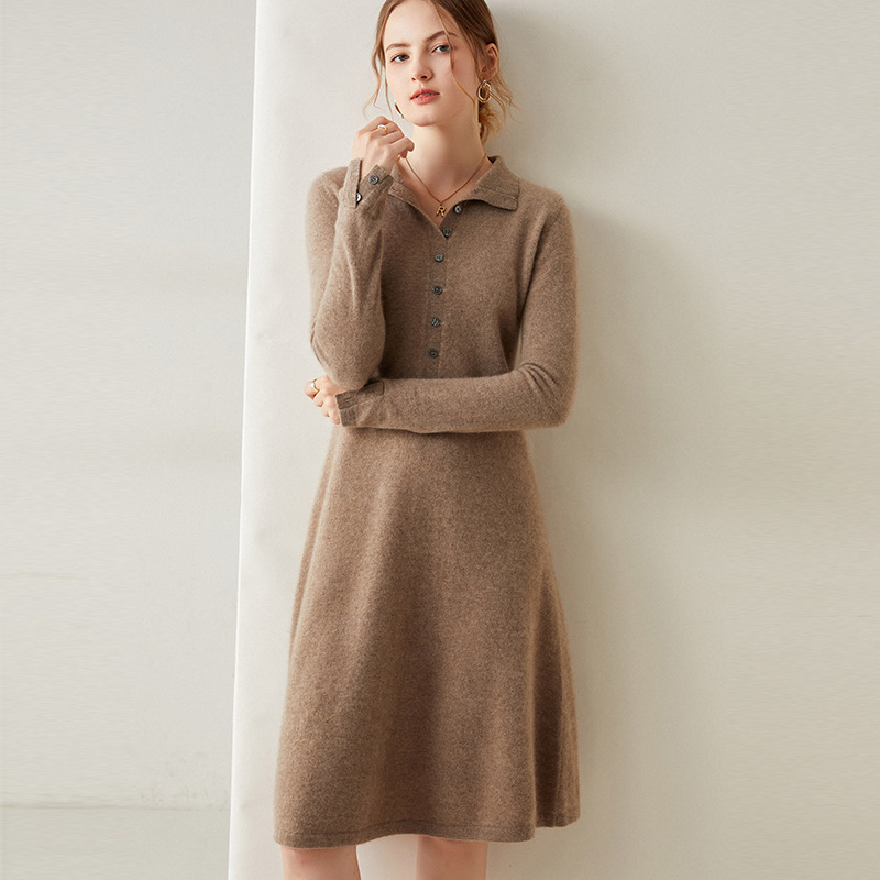 Polo Collar Button Style Cashmere Dress REAL SILK LIFE