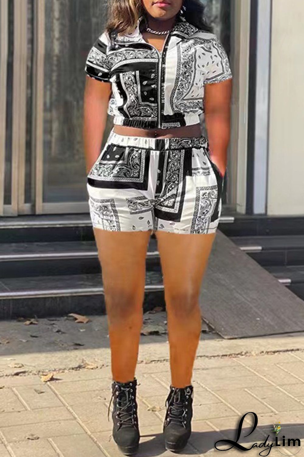 Red Fashion Casual Print Basic Turndown Collar Short Sleeve Two Pieces