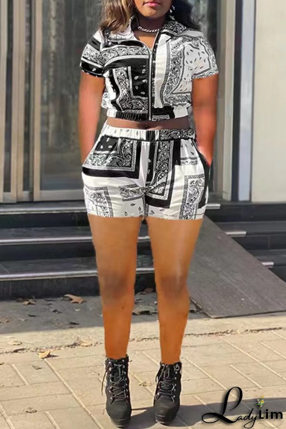 Red Fashion Casual Print Basic Turndown Collar Short Sleeve Two Pieces